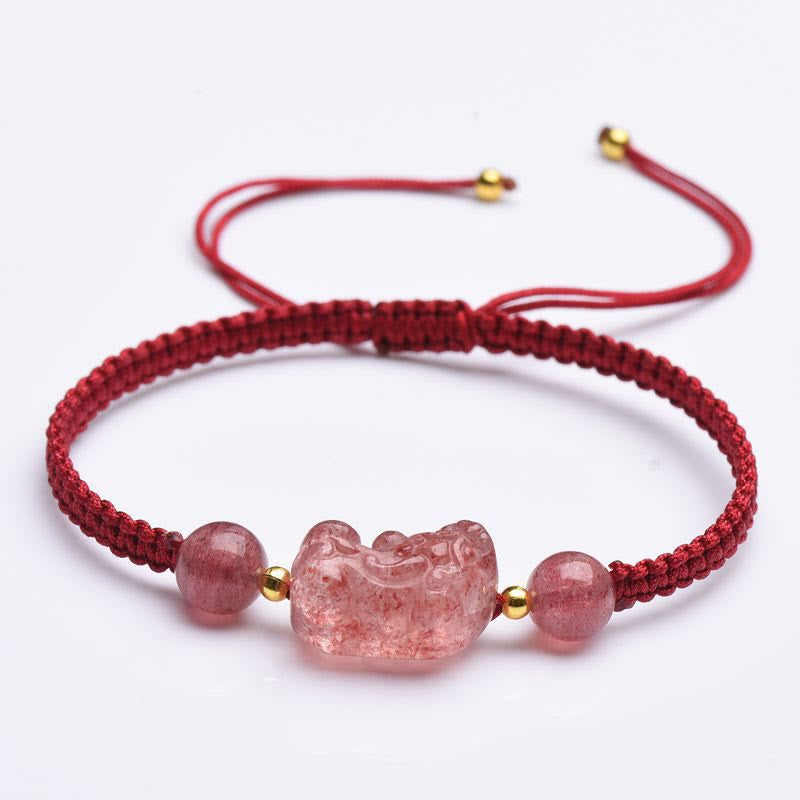 Wear FengShui Natural Strawberry Quartz PiXiu Lucky Red String Bracelet
