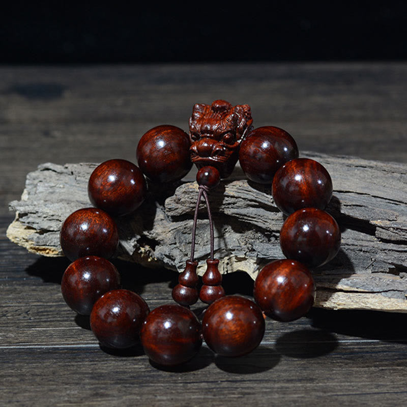 Wear FengShui Rosewood Green Sandalwood Small Leaf Red Sandalwood Dragon Carved Protection Bracelet