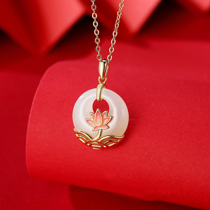 Wear FengShui 925 Sterling Silver Hetian White Jade Lotus Flower Blessing Necklace Pendant