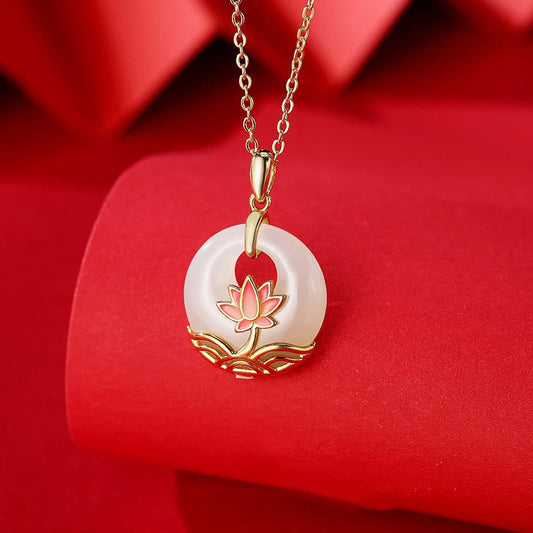Wear FengShui 925 Sterling Silver Hetian White Jade Lotus Flower Blessing Necklace Pendant