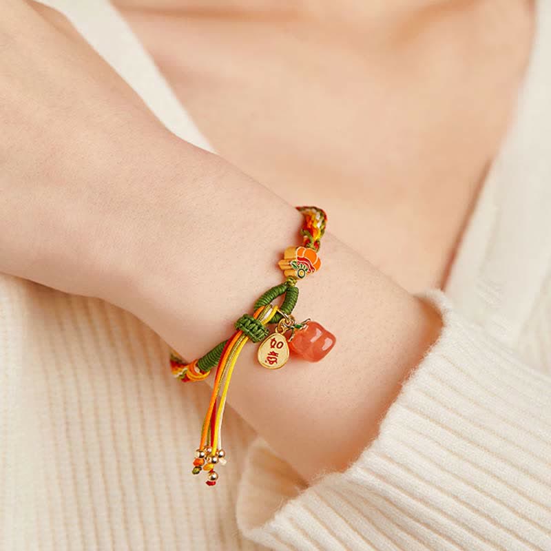 Wear FengShui Persimmon Red Agate Strength Reincarnation Knot Braid String Bracelet