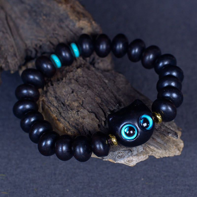 Wear FengShui Ebony Wood Liuli Glass Lovely Cat Peace Balance Bracelet