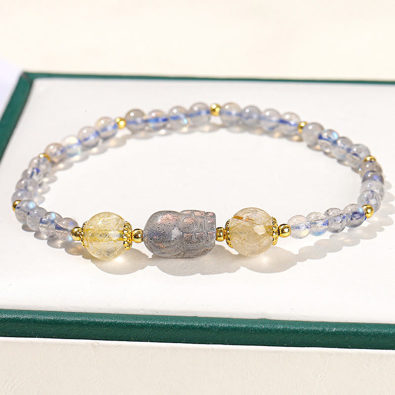 Wear FengShui Moonstone Strawberry Quartz Tourmaline PiXiu Healing Bracelet