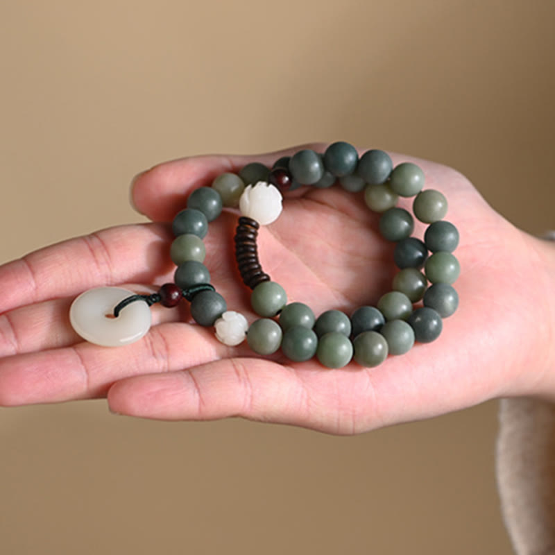 Wear FengShui Cyan Bodhi Seed Lotus Jade Peace Buckle Wisdom Double Wrap Bracelet
