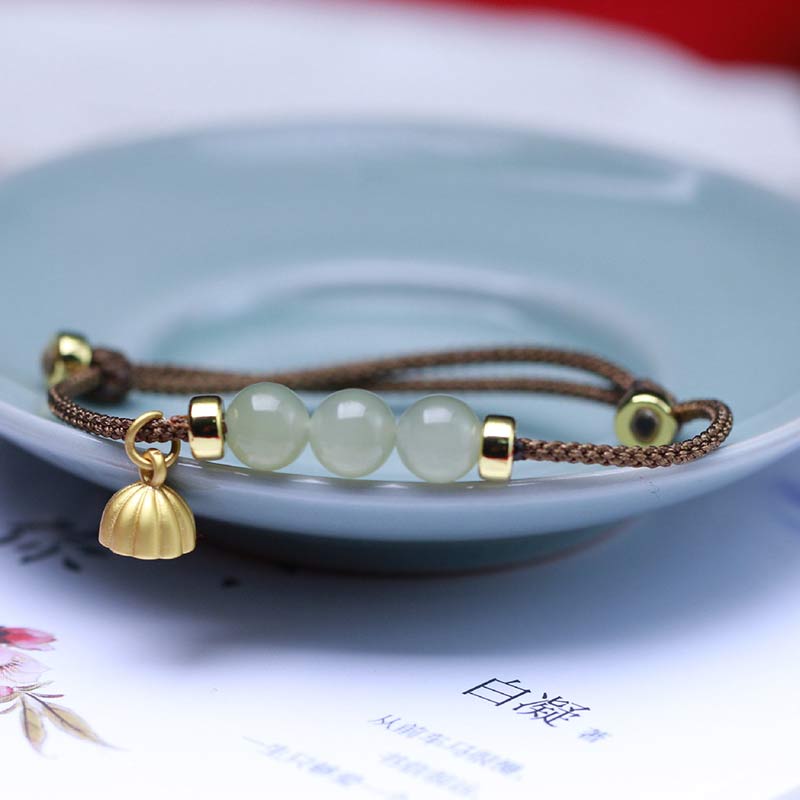 Wear FengShui Natural Jade Lotus Seed Strength Red String Weave Bracelet