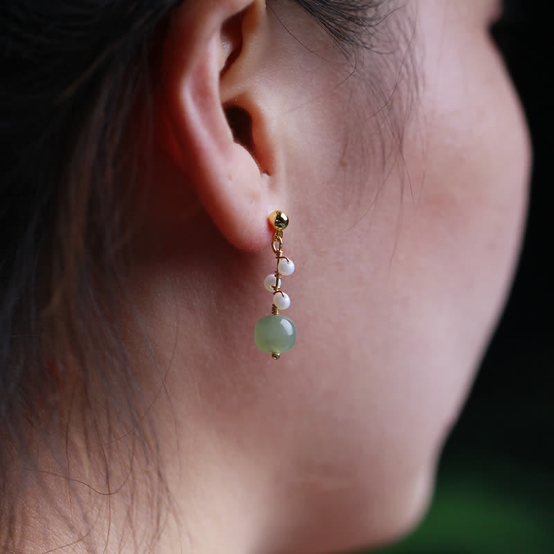 Wear FengShui Hetian Jade Flower Pattern 14K Gold Plated Luck Drop Dangle Earrings