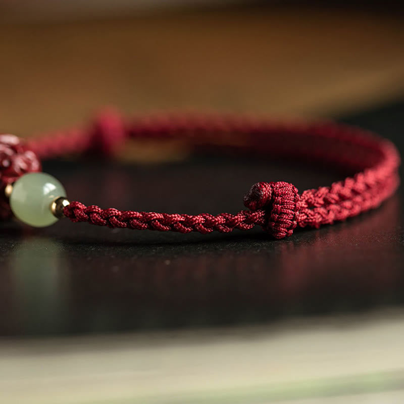 Wear FengShui Natural Cinnabar Chinese Zodiac Hetian Jade Fu Character Luck Rope Bracelet