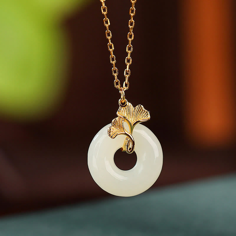 Wear FengShui 925 Sterling Silver Natural Hetian Jade Ginkgo Leaf Peace Buckle Luck Necklace Pendant