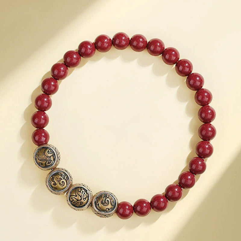 Wear FengShui 925 Sterling Silver Natural Cinnabar Four Beasts Blessing Bracelet