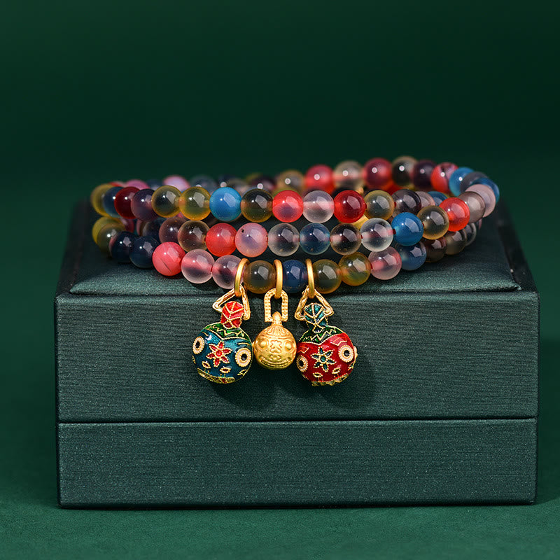 Wear FengShui Colorful Candy Agate Gold Swallowing Beast Family Strength Charm Triple Wrap Bracelet