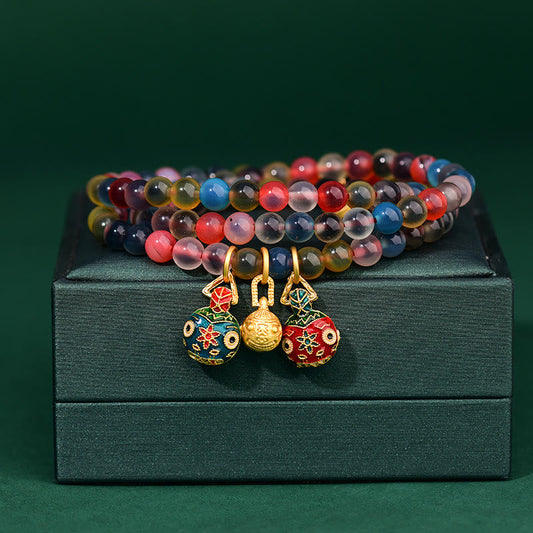 Wear FengShui Colorful Candy Agate Gold Swallowing Beast Family Strength Charm Triple Wrap Bracelet