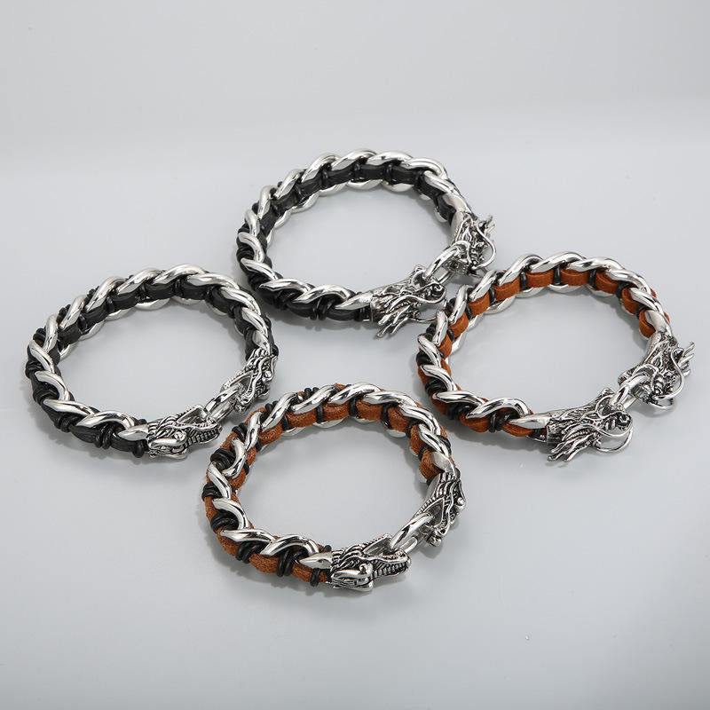 Wear FengShui Dragon Leather Titanium Steel Protection Luck Braided Bracelet