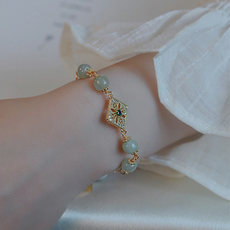 Wear FengShui Natural Hetian Jade Bead Square Pattern Luck Chain Bracelet