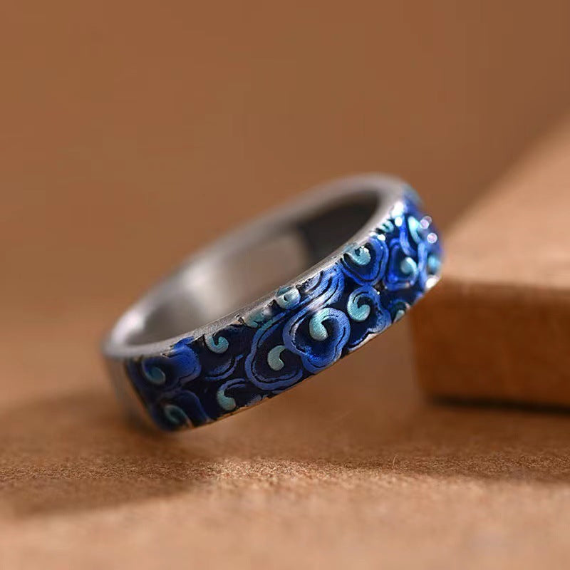 Wear FengShui Blue Auspicious Clouds Design Healing Copper Adjustable Ring