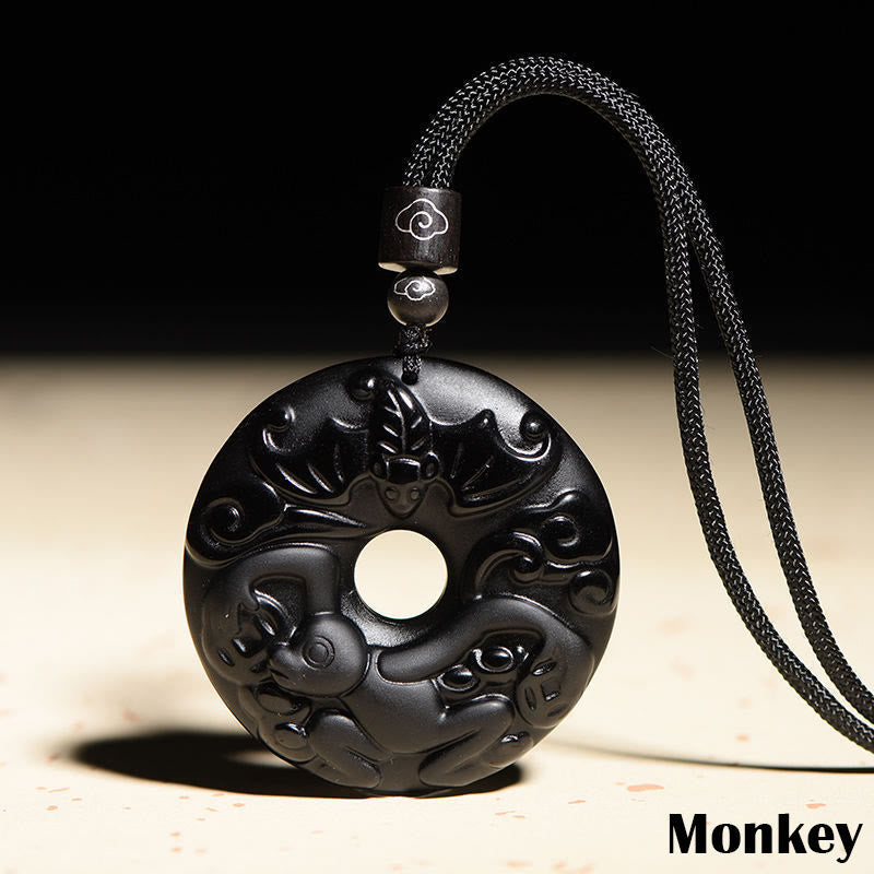 Wear FengShui Chinese Zodiac Natural Black Obsidian Peace Buckle Strength Necklace Pendant