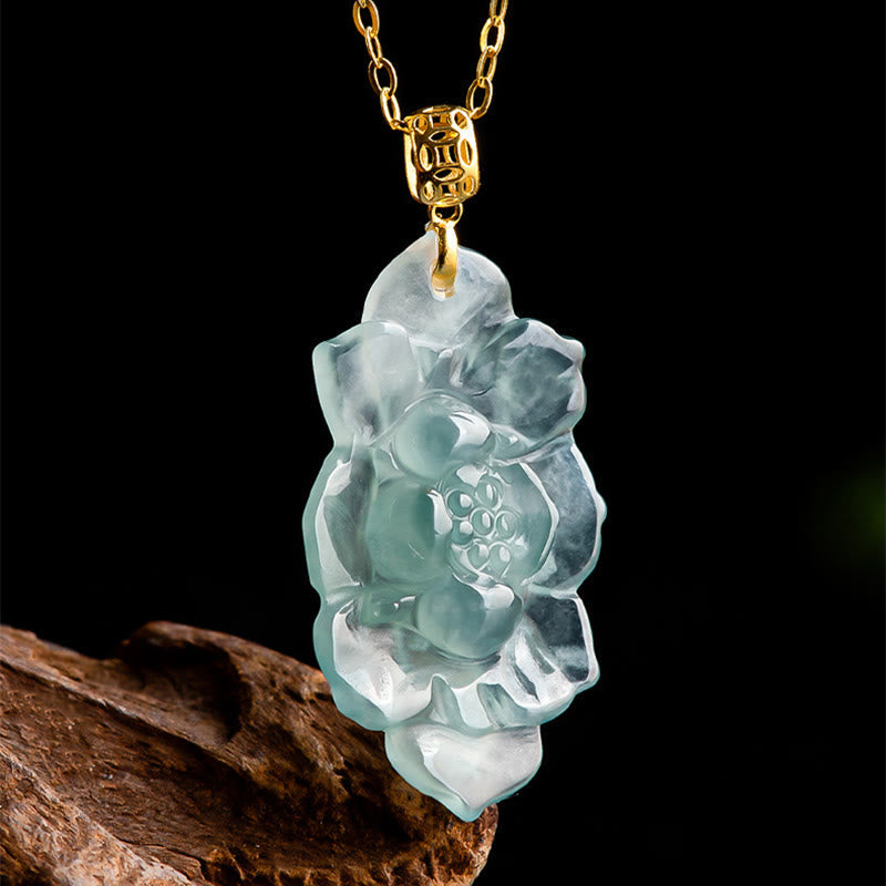 Wear FengShui Natural Jade Lotus Pattern Prosperity Titanium Steel Chain Necklace Pendant