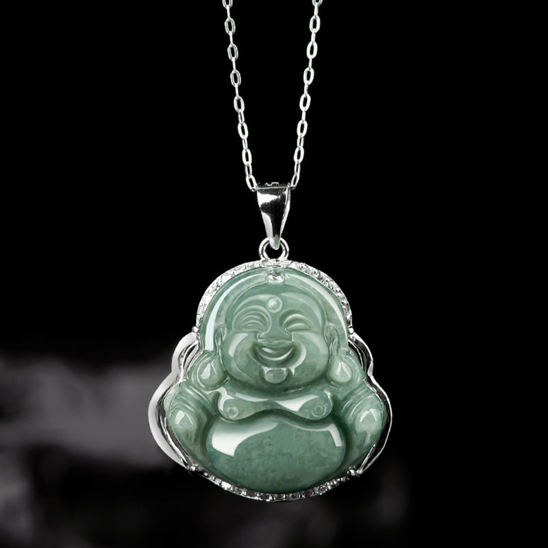 Wear FengShui Laughing Buddha Jade Abundance Necklace Titanium Steel Chain Pendant