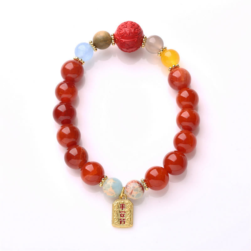 Wear FengShui Natural Red Agate Peace Talisman Fu Character Dragon Tail Confidence Charm Bracelet