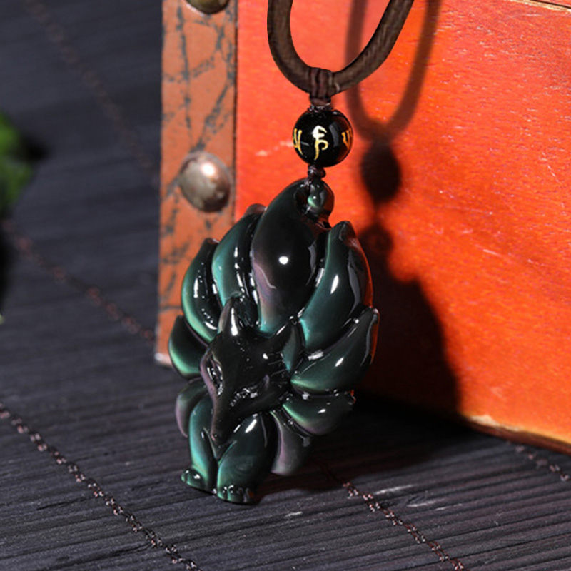 Wear FengShui Natural Rainbow Obsidian Gold Sheen Obsidian Nine Tailed Fox Positive Necklace Pendant