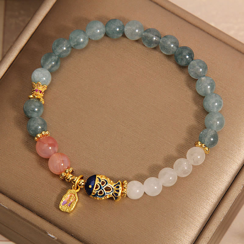 Wear FengShui Jade Yanyuan Agate White Jade Koi Fish Scripture Charm Luck Bracelet