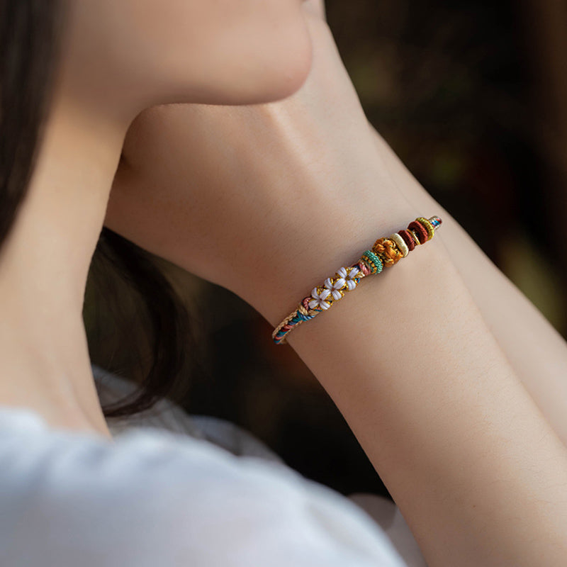 Wear FengShui Handmade Dunhuang Color Peach Blossom Pattern Braid String Bracelet