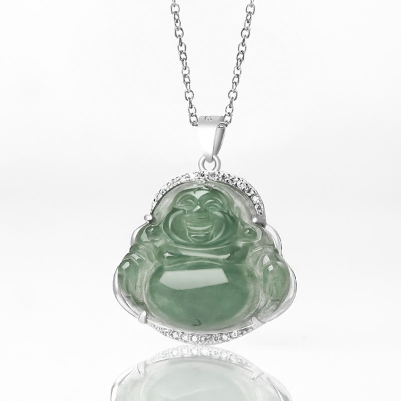 Wear FengShui Laughing Buddha Natural Jade Luck Prosperity Necklace Titanium Steel Chain Pendant