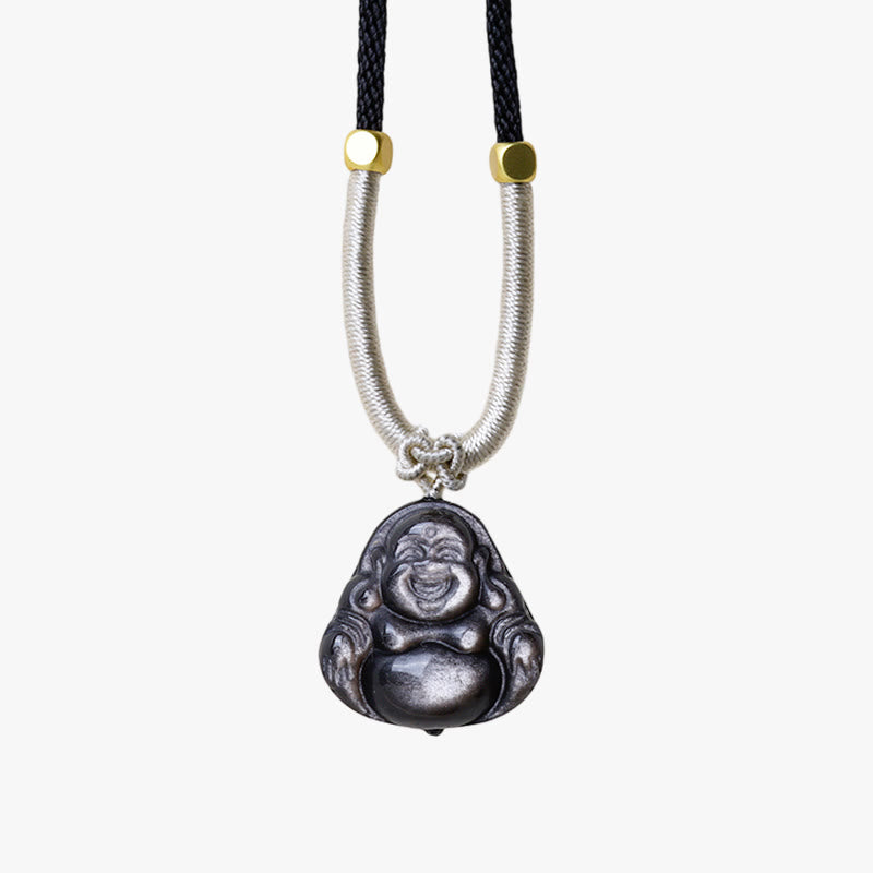 Wear FengShui Natural Silver Sheen Obsidian Laughing Buddha Protection Necklace Pendant