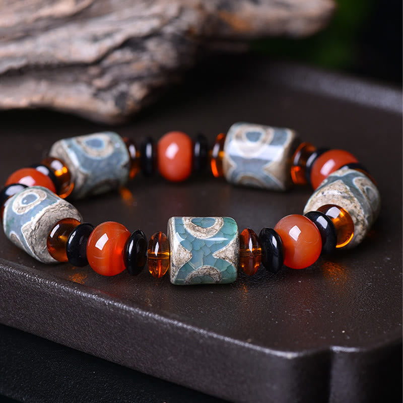 Wear FengShui Tibetan Three-eyed Dzi Bead Agate Protection Happiness Bracelet