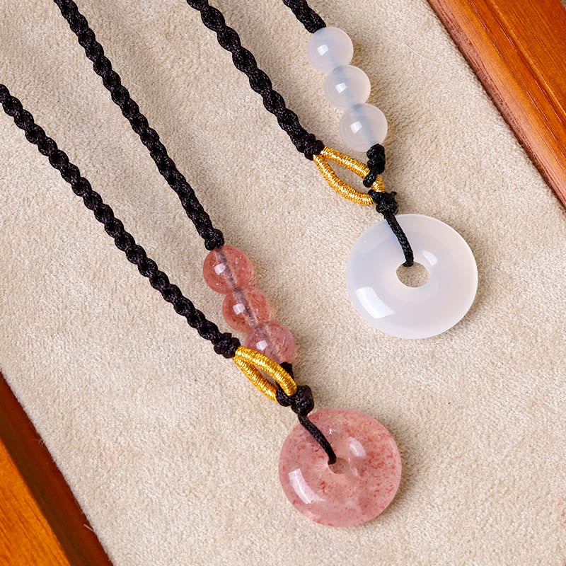 Wear FengShui Strawberry Quartz Chalcedony Peace Buckle Healing Necklace Pendant