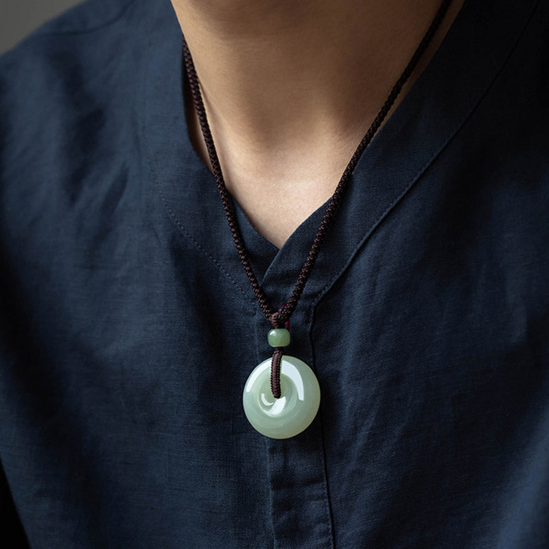 Wear FengShui Natural Round Jade Peace Buckle Luck Prosperity Necklace Pendant