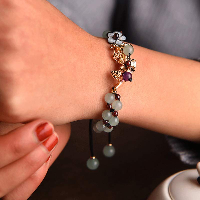 Wear FengShui Green Aventurine Garnet Bead Flower Petal Luck Bracelet