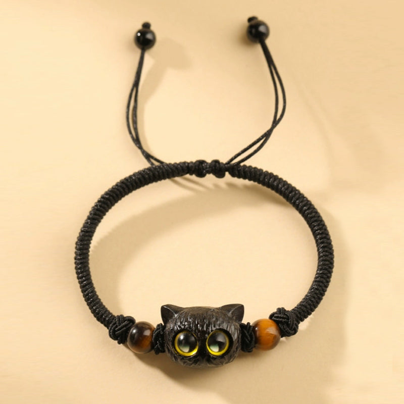 Wear FengShui Cute Ebony Wood Cat Head Pattern Peace Bracelet