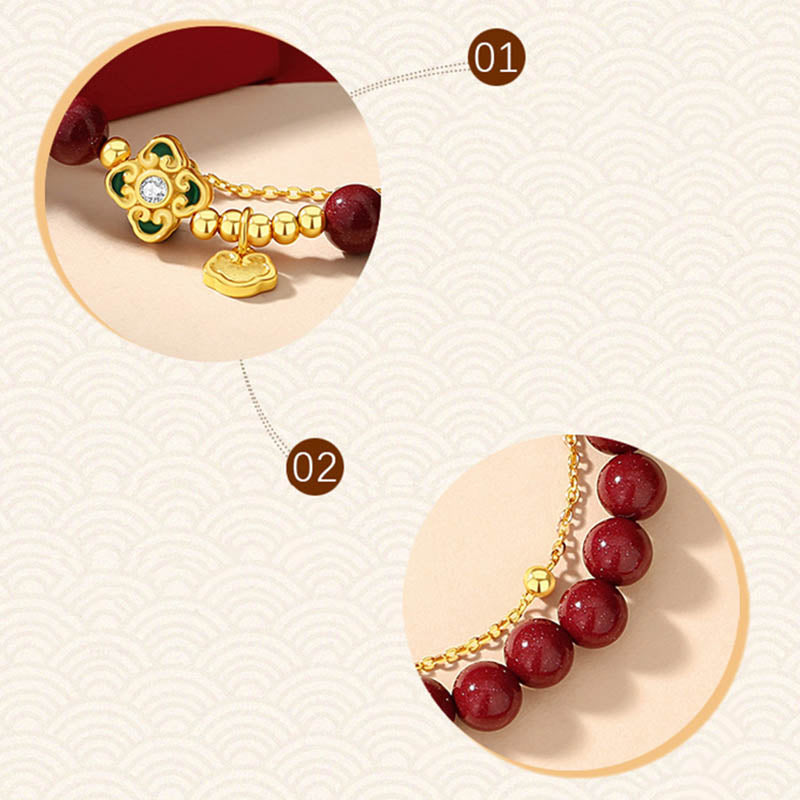 Wear FengShui 925 Sterling Silver Natural Cinnabar Four Leaf Clover Flower Blessing Chain Bracelet