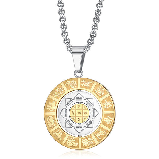 Wear FengShui Chinese Zodiac Nine Palaces Eight Diagrams Bagua Amulet Harmony Necklace Rotatable Pendant
