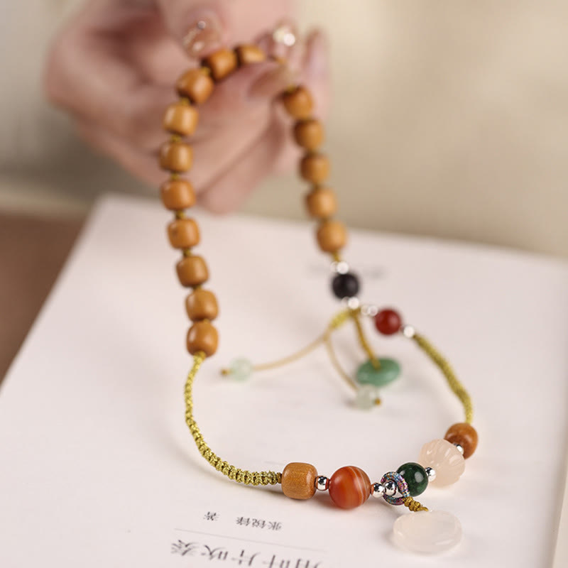 Wear FengShui Green Sandalwood Chalcedony Peace Buckle Charm Soothing Double Wrap Bracelet