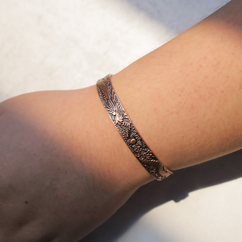 Wear FengShui Dragon Phoenix Magnetic Solid Copper Cuff Bracelet Bangle