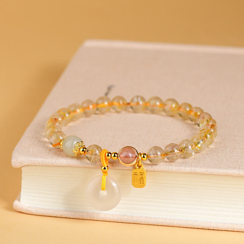 Wear FengShui Natural Golden Rutilated Quartz Fu Character Peace Buckle Charm Wealth Bracelet