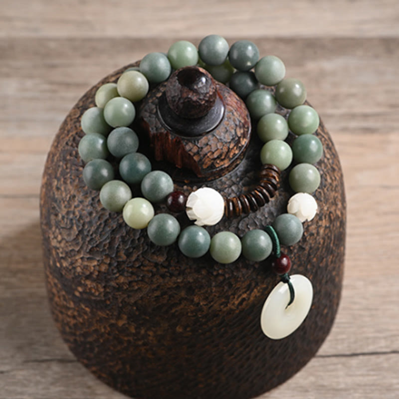 Wear FengShui Cyan Bodhi Seed Lotus Jade Peace Buckle Wisdom Double Wrap Bracelet