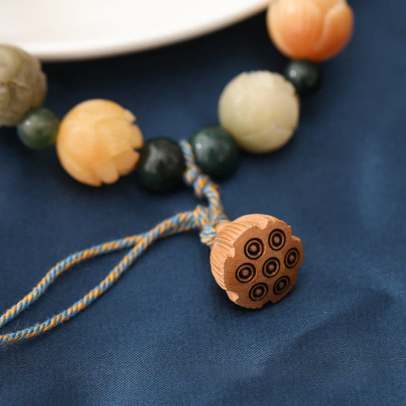 Wear FengShui Bodhi Seed Lotus Bead Engraved Moss Agate Peace Calm Bracelet