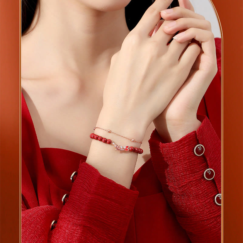 Wear FengShui 925 Sterling Silver Lucky Koi Fish Cinnabar Zircon Prosperity Double Layer Chain Bracelet