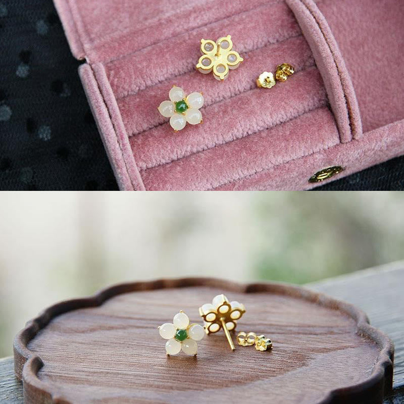 Wear FengShui White Jade Flower Luck Blessing Stud Earrings