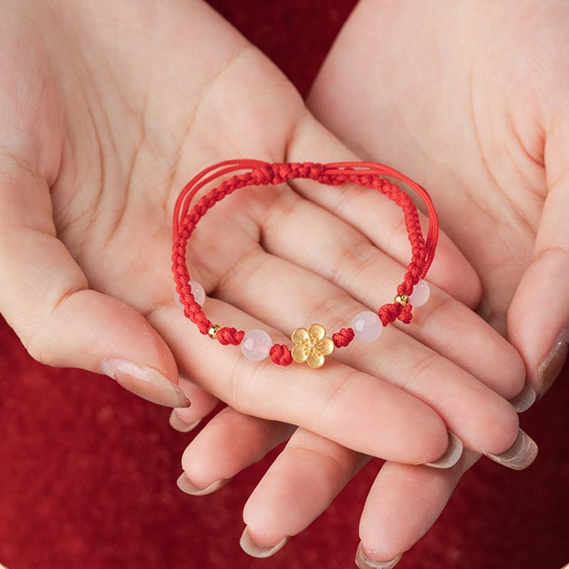 Wear FengShui Handmade 925 Sterling Silver Peach Blossom Cherry Sakura Chalcedony Bead Luck Red Rope Bracelet