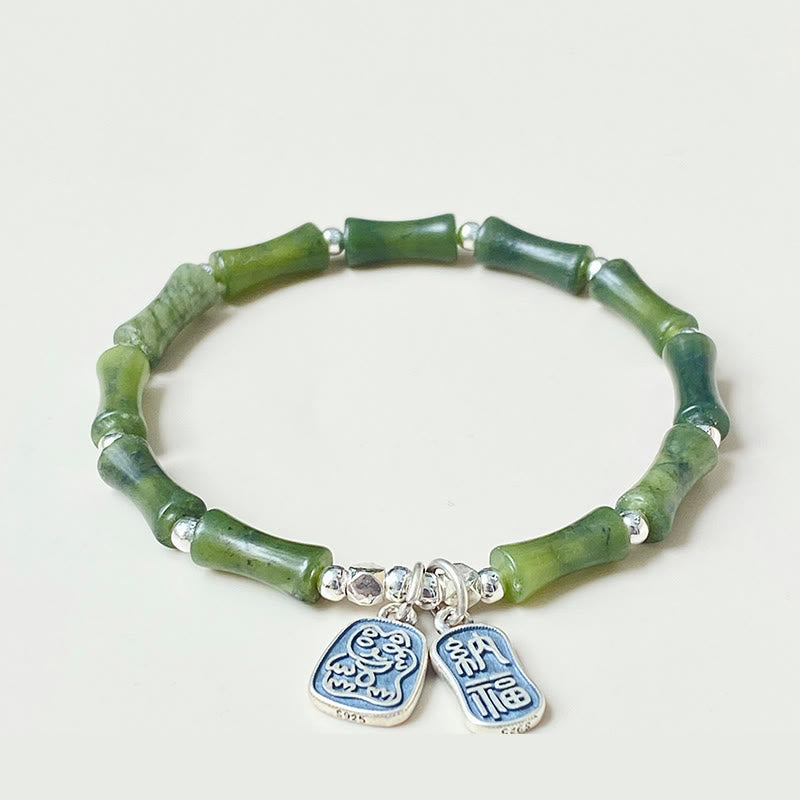 Wear FengShui 925 Sterling Silver Bamboo Jade Lucky Cat Fu Character Luck Abundance Bracelet