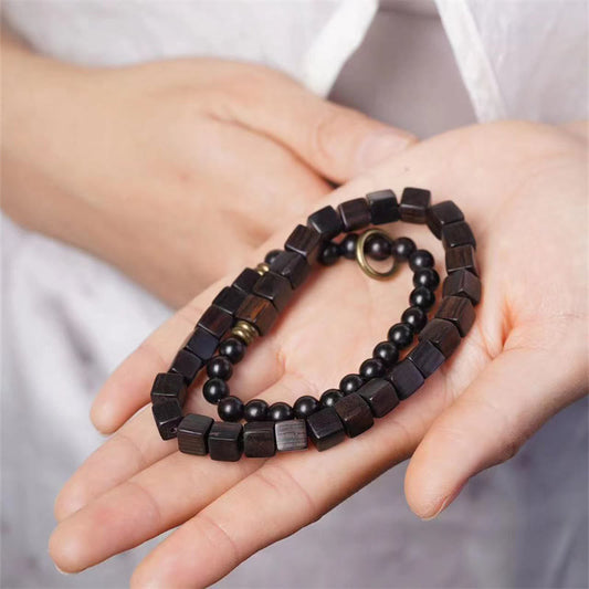 Wear FengShui Tibet Ebony Wood Square Beads Peace Double Wrap Bracelet