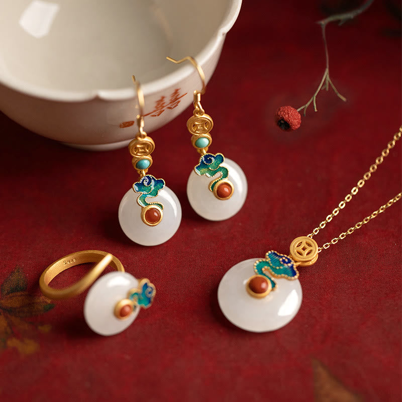 Wear FengShui Jade Copper Coins Auspicious Clouds Prosperity Necklace Pendant Bracelet Ring Earrings