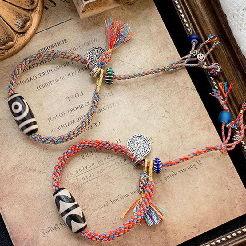 Wear FengShui Tibetan 925 Sterling Silver Om Mani Padme Hum Handmade Dzi Bead Protection Braid Bracelet