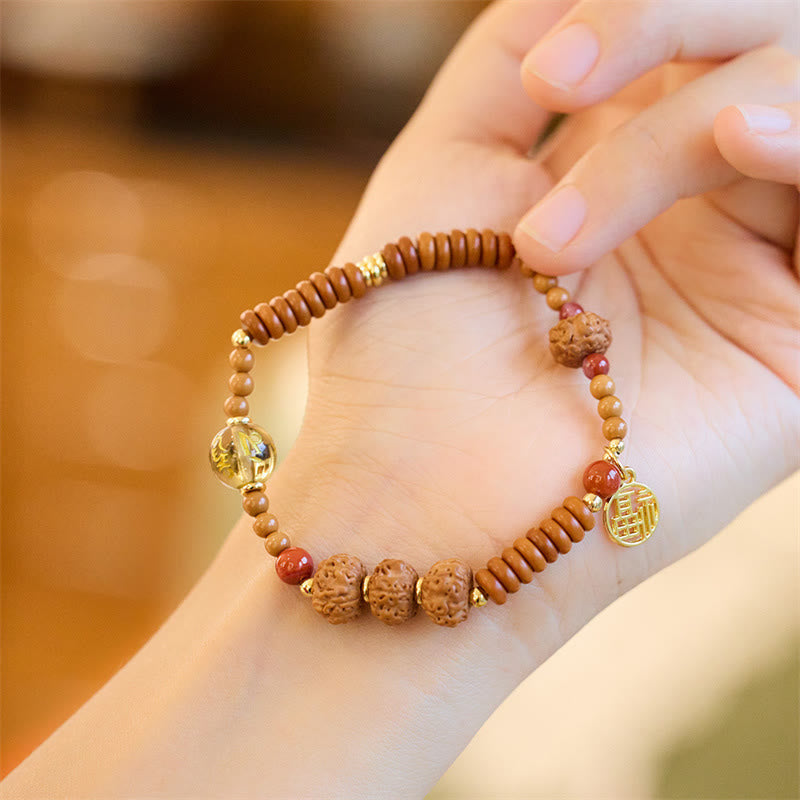 Wear FengShui Tibetan Bodhi Seed Black Onyx Smoky Quartz Om Mani Padme Hum Fu Character Wealth Bracelet