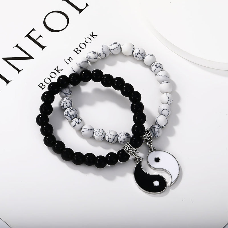 Wear FengShui 2Pcs Black Onyx White Turquoise Bead Yin Yang Protection Couple Bracelet