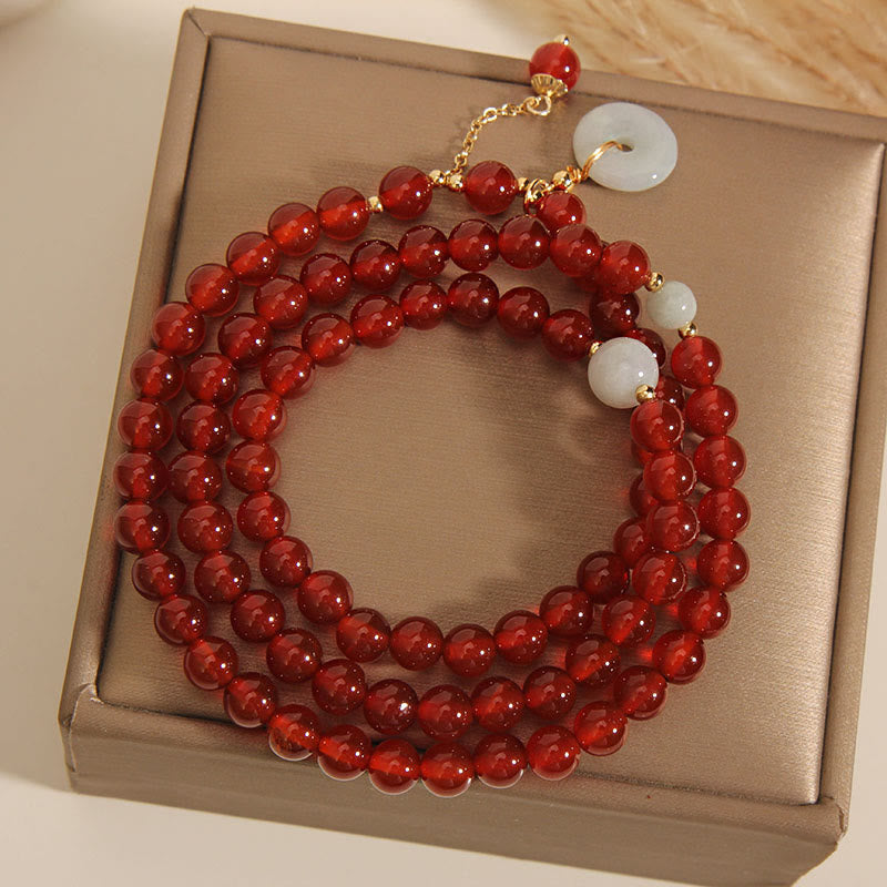 Wear FengShui Natural Red Agate Jade Peace Buckle Calm Triple Wrap Bracelet