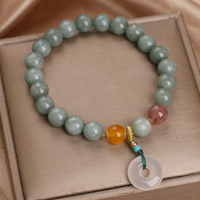 Wear FengShui Natural Jade Strawberry Quartz Bead Peace Buckle Prosperity Bracelet